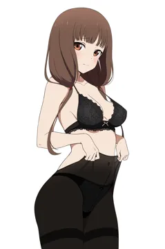 1girl adjusting_clothes adjusting_legwear alternate_breast_size black_bra black_panties black_pantyhose blunt_bangs blush bra breasts brown_eyes brown_hair closed_mouth collarbone coro_fae cowboy_shot dot_nose embarrassed fingernails iino_miko kaguya_sama_wa_kokurasetai__tensai_tachi_no_renai_zunousen lace_trim lace_trimmed_bra long_hair looking_at_viewer low_twintails medium_breasts nail_polish navel panties panties_under_pantyhose pantyhose pink_nails simple_background solo stomach strap_gap thighband_pantyhose twintails underwear underwear_only white_background