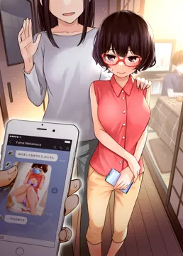 2boys 2girls bare_arms bare_legs bare_shoulders blush bra breasts cellphone cellphone_photo cleavage closed_mouth collarbone collared_shirt dojirou food frown fruit glasses hand_on_another_s_shoulder height_difference holding holding_phone indoors juxtaposition knees_up kotatsu looking_at_viewer mandarin_orange medium_breasts multiple_boys multiple_girls open_clothes open_shirt panties phone pov purple_bra purple_eyes purple_hair purple_panties red_framed_eyewear red_shirt sexting shirt short_hair sleeveless sleeveless_shirt sliding_doors smartphone standing sweat table television text_messaging underwear waving
