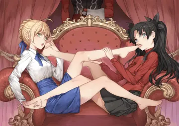 1boy 2girls ahoge bare_legs barefoot black_hair blonde_hair braid breasts couch dress feet foot_on_another_s_face foot_worship green_eyes hair_bun hair_ribbon hands_on_feet holding_another_s_foot holding_feet licking licking_foot long_hair long_legs medium_breasts multiple_girls mutual_foot_licking no_legwear on_couch open_mouth ponytail ribbon single_hair_bun sitting skirt soles sweater toes tongue tongue_out twintails two_side_up yuri haijin fate_stay_night fate__series archer__fate artoria_pendragon__fate saber__fate tohsaka_rin