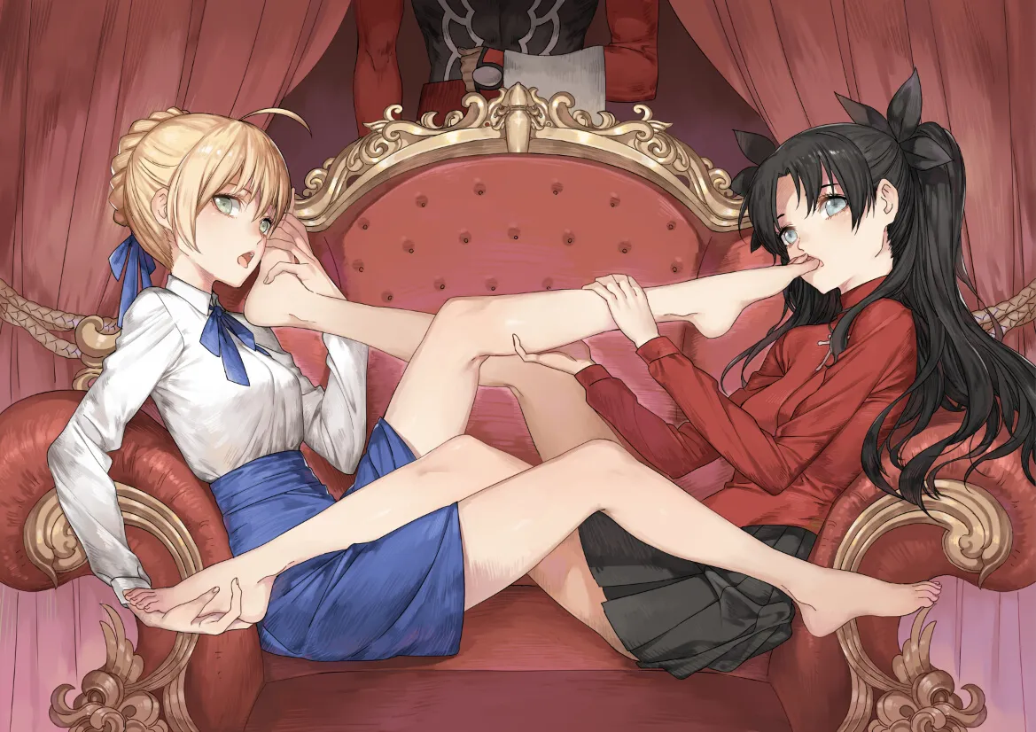 1boy 2girls ahoge bare_legs barefoot black_hair blonde_hair braid breasts couch dress feet foot_on_another_s_face foot_worship green_eyes hair_bun hair_ribbon hands_on_feet holding_another_s_foot holding_feet licking licking_foot long_hair long_legs medium_breasts multiple_girls mutual_foot_licking no_legwear on_couch open_mouth ponytail ribbon single_hair_bun sitting skirt soles sweater toes tongue tongue_out twintails two_side_up yuri haijin fate_stay_night fate__series archer__fate artoria_pendragon__fate saber__fate tohsaka_rin