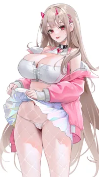 1girl bare_shoulders blonde_hair blush breasts choker cleavage cleavage_cutout clothes_lift clothing_cutout fishnet_pantyhose fishnets goddess_of_victory__nikke hair_ornament heart heart_choker large_breasts long_hair looking_at_viewer ohisashiburi__style panties pantyhose pink_eyes simple_background skirt skirt_lift smile solo thighs tongue tongue_out underwear viper__nikke white_background white_panties white_skirt zhudouzi zipper zipper_pull_tab