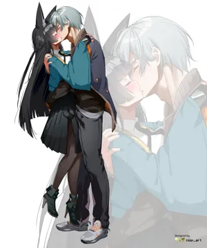 1boy 1girl animal_ears aqua_jacket black_hair black_necktie black_pants black_pantyhose black_shirt black_skirt blue_jacket blush closed_eyes fingerless_gloves fox_ears fox_girl gloves grey_hair hetero jacket kiss long_hair necktie pants pantyhose shirt short_hair single_fingerless_glove skirt white_shirt zoom_layer nisp_art zenless_zone_zero hoshimi_miyabi__zenless_zone_zero wise__zenless_zone_zero