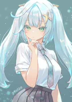 1girl alternate_costume aqua_hair black_skirt blue_nails blue_pupils breasts closed_mouth collared_shirt green_eyes hair_ornament long_hair looking_at_viewer nail_polish necktie pleated_skirt shirt shirt_tucked_in short_sleeves simple_background skirt solo symbol_shaped_pupils triangle_shaped_pupils twintails white_shirt x_hair_ornament adelie_cat genshin_impact faruzan__genshin_impact