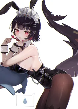 1girl alternate_costume animal_ears black_hair black_leotard black_pantyhose blush breasts fake_animal_ears fingernails fins fish_tail from_side leotard looking_at_viewer mole mole_under_eye multicolored_hair nail_polish pantyhose playboy_bunny rabbit_ears red_eyes red_hair red_nails shark_girl shark_tail short_hair sideboob sidelocks simple_background solo tail thighs two_tone_hair white_background zije zenless_zone_zero ellen_joe__zenless_zone_zero