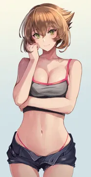 1girl alternate_costume bare_shoulders blush breasts brown_hair cleavage denim denim_shorts green_eyes hair_between_eyes highleg highleg_panties kantai_collection kasumi__skchkko large_breasts looking_at_viewer mutsu__kancolle navel panties pink_panties short_hair shorts smile solo stomach tank_top underwear unzipped