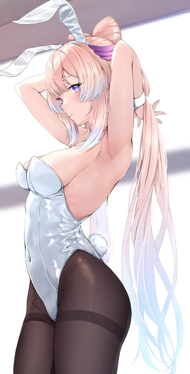 1girl animal_ears armpits arms_up blue_hair blush breasts brown_pantyhose closed_mouth colored_tips cone_hair_bun covered_navel cowboy_shot double_bun fake_animal_ears from_side genshin_impact hair_bun highleg highleg_leotard leotard light_blue_hair long_hair looking_at_viewer medium_breasts multicolored_hair pantyhose pink_hair playboy_bunny ponytail purple_eyes rabbit_ears rabbit_tail sangonomiya_kokomi sashimi_nasu sidelocks solo strapless strapless_leotard tail thighband_pantyhose very_long_hair white_leotard wrist_cuffs