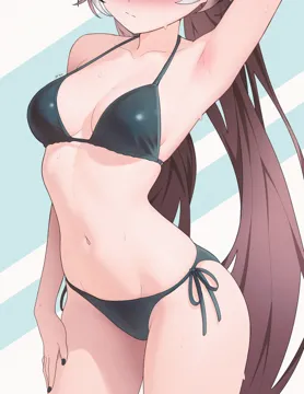 1girl arm_up armpits artist_name bikini black_bikini black_nails blush breasts brown_hair closed_mouth collarbone fingernails halterneck hand_on_own_thigh head_out_of_frame hololive hololive_english long_hair medium_breasts nail_polish nanashi_mumei navel presenting_armpit side_tie_bikini_bottom sk_jynx solo stomach string_bikini sweat swimsuit thighs virtual_youtuber white_hair