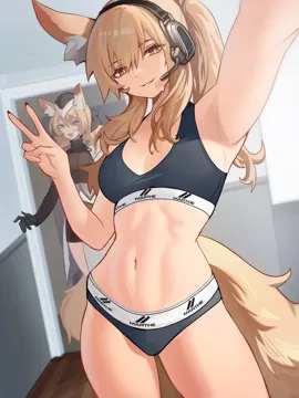 2girls alternate_costume animal_ear_fluff animal_ears arknights arm_up armpits aunt_and_niece black_ribbon blonde_hair blue_eyes blush breasts brown_eyes cleavage cowboy_shot distr garrison_cap hair_between_eyes hair_ribbon hat headset horse_ears horse_girl horse_tail implied_extra_ears indoors long_hair looking_at_viewer medium_breasts midriff multiple_girls navel nearl__arknights open_mouth parted_lips ponytail ribbon selfie sidelocks smile solo_focus sports_bra sports_panties sportswear stomach sweatdrop tail thigh_gap walk_in whislash__arknights