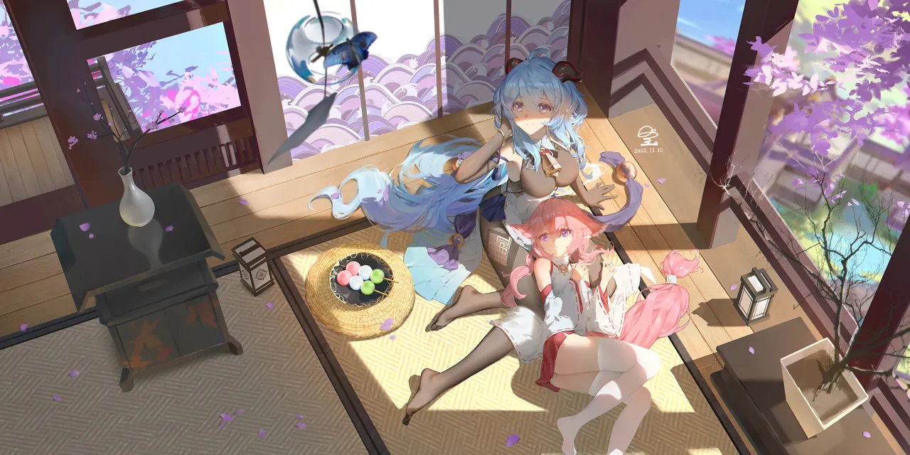 2girls animal_ears bell blue_butterfly blue_hair bodystocking breasts brown_gloves bug butterfly curled_horns dango elbow_gloves food fox_ears from_above gloves hair_between_eyes horns indoors lap_pillow large_breasts long_hair long_sleeves looking_away looking_up multiple_girls neck_bell no_shoes pink_hair plant potted_plant purple_eyes red_skirt ribbon_trimmed_sleeves ribbon_trim sanshoku_dango signature skirt tatami thighhighs twitter_username very_long_hair wagashi white_thighhighs wind_chime wooden_floor ribao genshin_impact ganyu__genshin_impact yae_miko
