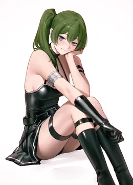 1girl 95__jiuwujiang arm_strap bare_shoulders belt black_choker black_dress black_gloves breasts choker dress gloves green_hair hair_between_eyes long_hair looking_at_viewer medium_breasts purple_eyes side_ponytail simple_background single_glove smile solo sousou_no_frieren thigh_strap ubel__sousou_no_frieren white_background