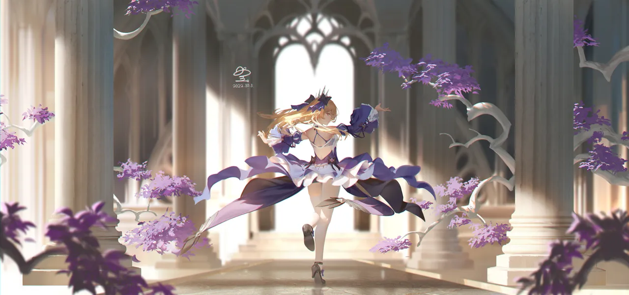 1girl asymmetrical_legwear blonde_hair blue_dress bow dated detached_sleeves dress floating_hair flower from_behind full_body hair_bow high_heels indoors long_hair long_sleeves looking_back official_alternate_costume pantyhose purple_flower red_eyes signature single_leg_pantyhose single_thighhigh solo standing standing_on_one_leg thighhighs uneven_legwear white_pantyhose white_thighhighs ribao genshin_impact fischl__ein_immernachtstraum__genshin_impact fischl__genshin_impact