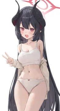 1girl alternate_costume bare_shoulders black_hair blush bra breasts brown_jacket demon_girl demon_horns hair_between_eyes halo horns jacket long_hair looking_at_viewer medium_breasts navel open_mouth panties red_eyes solo stomach thighs underwear white_bra white_panties springrain_06 blue_archive chiaki__blue_archive