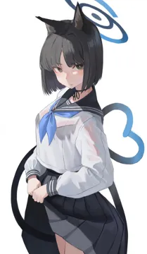 1girl animal_ears black_hair black_skirt blue_halo blue_neckerchief cat_ears closed_mouth clothes_lift cowboy_shot halo heart heart_tail lifting_own_clothes long_sleeves looking_at_viewer neckerchief pleated_skirt school_uniform serafuku shirt short_hair simple_background skirt skirt_lift solo tail wet wet_clothes wet_shirt white_background white_shirt crunchy__namtaehyeon1234 blue_archive kikyou__blue_archive