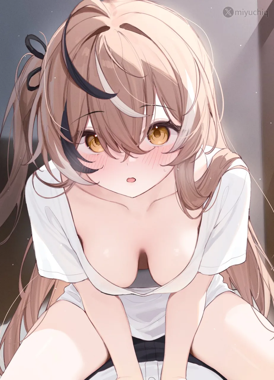 1girl 1other alternate_costume black_ribbon blush breasts brown_eyes brown_hair cleavage crossed_bangs double_parted_bangs downblouse girl_on_top good_morning_my_brother__meme hair_between_eyes hair_ribbon hololive hololive_english long_hair looking_at_viewer medium_breasts meme miyuchiq multicolored_hair naked_shirt nanashi_mumei official_alternate_hairstyle one_side_up open_mouth pov ribbon scene_reference shirt straddling streaked_hair t_shirt tokidoki_bosotto_roshia_go_de_dereru_tonari_no_alya_san very_long_hair virtual_youtuber white_shirt
