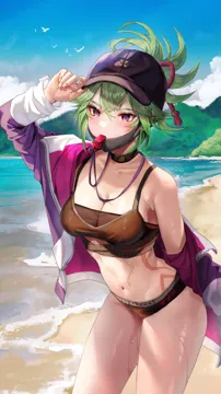 1girl alternate_costume arm_behind_back armpit_crease bare_shoulders baseball_cap beach bird black_choker black_hat black_mask black_panties black_sports_bra blue_sky blush body_markings breasts choker cleavage cloud collarbone cowboy_shot crossed_bangs day genshin_impact glint green_hair hand_on_headwear hat hominamia jacket kuki_shinobu leaning_forward looking_at_viewer mask mask_pull medium_hair mouth_hold mouth_mask navel ocean off_shoulder open_clothes open_jacket outdoors panties ponytail purple_eyes rope sand see_through_clothes shimenawa skindentation sky solo sports_bra standing stomach thighs underwear wet whistle zipper_pull_tab