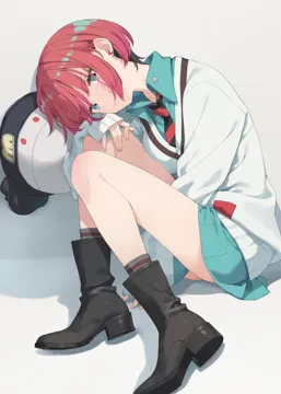 aqua_eyes boots looking_at_viewer lying necktie pleated_skirt red_hair school_uniform shirt short_hair simple_background skirt kani_biimu gundam gundam_gquuuuuux amate_yuzuriha