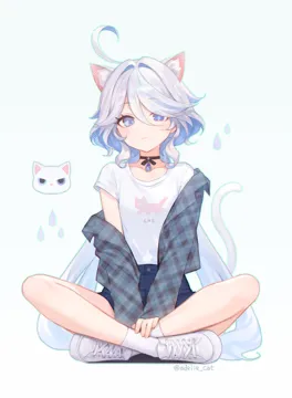 1girl alternate_costume animal_ear_fluff animal_ears blue_eyes cat_ears cat_girl cat_tail closed_mouth cross_laced_footwear drop_shaped_pupils full_body hair_between_eyes kemonomimi_mode looking_at_viewer shirt shoes short_hair shorts sitting socks solo symbol_shaped_pupils tail twitter_username white_shirt white_shoes white_socks adelie_cat genshin_impact furina__genshin_impact
