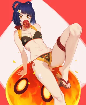 1girl alternate_costume bare_shoulders bikini blue_hair braid braided_hair_rings breasts cleavage feguimel flower genshin_impact geta hair_flower hair_ornament hair_rings legs looking_at_viewer mouth_hold navel paw_print red_background sandals short_hair side_tie_bikini_bottom signature slime__creature slime__genshin_impact small_breasts solo swimsuit teeth_hold tengu_geta thigh_strap two_tone_background white_background xiangling__genshin_impact yellow_eyes