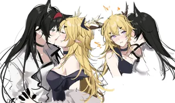 2girls alternate_hair_color animal_ears black_choker black_hair blonde_hair blush cat_ears cat_girl choker closed_eyes ear_blush french_kiss hair_between_eyes hickey horns jacket kiss long_hair looking_at_another multiple_girls open_mouth pointy_ears purple_eyes smile sweat tank_top tongue tongue_out white_background white_jacket white_tank_top yuri joshua__shisanli934 arknights blaze__arknights leizi__arknights