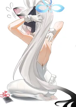 1girl adjusting_hair alternate_hairstyle animal_ear_hairband animal_ears arms_behind_head bare_shoulders blue_halo blush bow ear_wiggle fake_animal_ears feet flying_sweatdrops gloves hairband halo hand_in_own_hair holding holding_own_hair leotard long_hair motion_lines no_shoes pantyhose playboy_bunny ponytail rabbit_ear_hairband rabbit_ears seiza simple_background sitting soles solo sweat very_long_hair white_background white_gloves white_hair white_hairband white_leotard white_pantyhose haoma blue_archive kokona__blue_archive