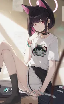1girl animal_ears black_collar black_hair black_jacket black_socks bracelet cat_ears clothes_around_waist clothes_writing collar colored_inner_hair extra_ears hair_ornament hairclip halo jacket jacket_around_waist jewelry looking_at_viewer multicolored_hair multiple_rings official_alternate_costume pink_hair pink_halo pleated_skirt ring shirt short_sleeves sitting skirt socks solo t_shirt thighs two_tone_hair white_skirt jiang_zhuti_jiojio blue_archive kazusa__band__blue_archive kazusa__blue_archive