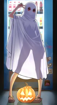 1girl bed_sheet blush bocchi_the_rock drunk full_body geta ghost_costume gotoh_hitori gotoh_hitori__octopus hand_up hiroi_kikuri jack_o__lantern looking_at_viewer madaotheory naked_costume naked_sheet purple_eyes qr_code sandals see_through_clothes see_through_silhouette sheet_ghost standing vending_machine