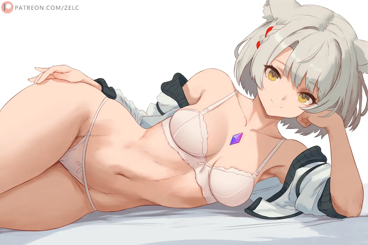 1girl animal_ear_fluff animal_ears bow bow_bra bow_panties bra breasts cat_ears chest_jewel grey_hair hand_on_own_hip jacket looking_at_viewer lying mio__xenoblade navel on_side panties short_hair smile solo stomach underwear white_bow white_bra white_jacket white_panties xenoblade_chronicles__series xenoblade_chronicles_3 yellow_eyes zelc_face