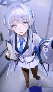 1girl blue_necktie boots clipboard collared_shirt elevator from_above grey_hair halo holding holding_clipboard id_card indoors jacket long_hair looking_at_viewer mechanical_halo necktie open_clothes open_jacket open_mouth pantyhose pleated_skirt purple_eyes reaching reaching_towards_viewer shirt skirt smile solo standing suit white_jacket white_shirt white_skirt white_suit flatshi blue_archive noa__blue_archive