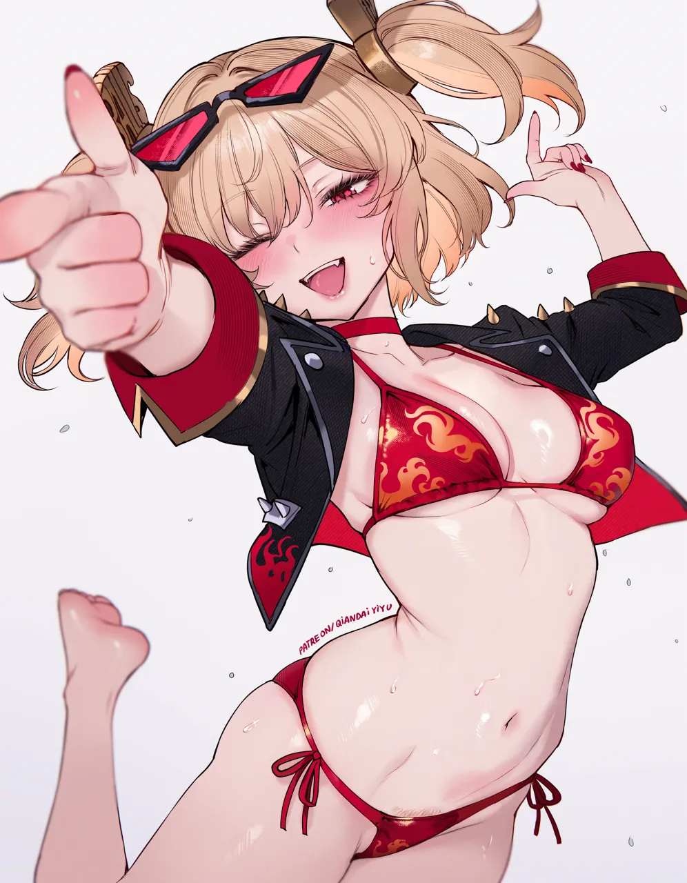 1girl alternate_costume bikini black_jacket blonde_hair breasts burnice_white choker eyewear_on_head female_pubic_hair flame_print jacket leg_up looking_at_viewer medium_breasts navel one_eye_closed open_mouth patreon_username pointing pointing_at_viewer pubic_hair pubic_hair_peek qiandaiyiyu red_bikini red_choker red_eyes red_nails red_tinted_eyewear side_tie_bikini_bottom simple_background solo stomach sweat swimsuit tinted_eyewear white_background zenless_zone_zero