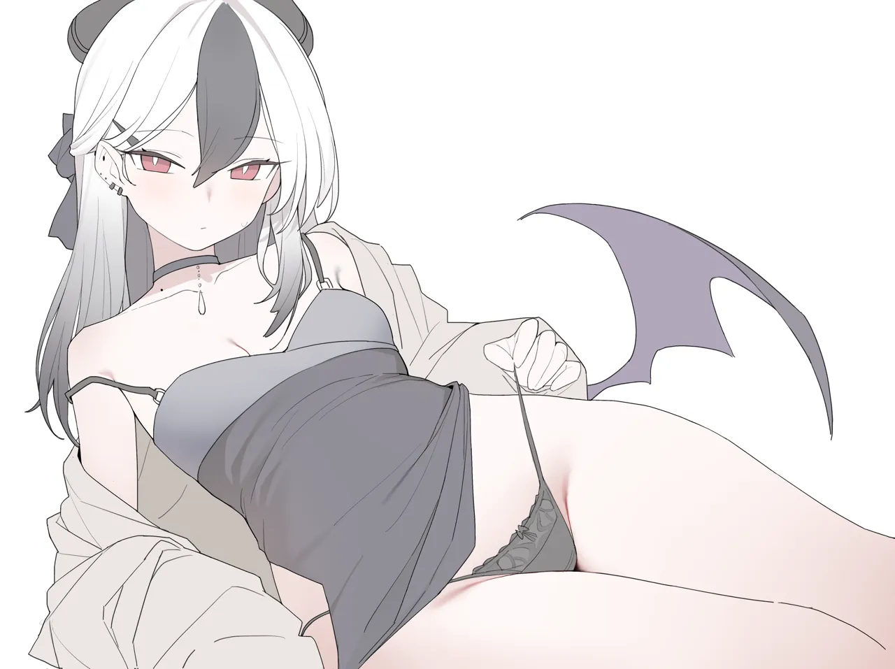 1girl bare_shoulders black_choker black_dress black_hair black_horns black_panties black_wings blue_archive blush breasts choker closed_mouth collarbone demon_girl demon_horns demon_wings dress ear_piercing grey_hair grey_jacket hair_between_eyes horns jacket kayoko__blue_archive kayoko__dress__blue_archive long_hair long_sleeves looking_at_viewer lying mole mole_on_collarbone mole_on_neck no_halo off_shoulder official_alternate_costume open_clothes panties panty_pull piercing pulling_own_clothes rong_hui simple_background single_wing sitting solo strap_slip string_panties thighs underwear white_background white_hair wings