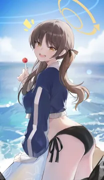 1girl ass bikini bikini_bottom_only black_bikini blue_hoodie blush breasts brown_hair candy cropped_hoodie film_grain food hair_ribbon halo holding holding_candy holding_food holding_lollipop hood hoodie lollipop long_hair looking_at_viewer medium_breasts notice_lines official_alternate_costume outdoors ribbon side_tie_bikini_bottom smile solo swimsuit twintails very_long_hair waves jiang_zhuti_jiojio blue_archive moe__blue_archive moe__swimsuit__blue_archive