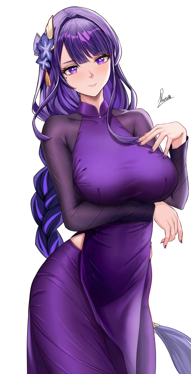 1girl ao_dai braid breasts dress genshin_impact hair_ornament large_breasts long_hair looking_at_viewer low_braided_long_hair low_tied_long_hair mole mole_under_eye pelvic_curtain piukute062 purple_dress purple_eyes purple_hair purple_skirt raiden_shogun skirt smile solo thighs very_long_hair