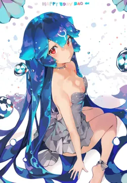 1girl absurdly_long_hair blue_hair breasts bubble character_name cleavage dress grey_dress hair_between_eyes hand_on_ground happy_birthday liquid_hair long_hair red_eyes sitting small_breasts solo very_long_hair indie_virtual_youtuber virtual_youtuber monoco55 bao__vtuber bao__vtuber__1st_costume