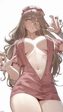 1girl breasts brown_eyes brown_hair center_opening chilakkk claw_pose dress dress_shirt fingernails from_below hair_between_eyes hat large_breasts long_hair long_hair_between_eyes looking_at_viewer make_heroine_ga_oo_sugiru nail_polish navel nurse_cap open_mouth pink_dress purple_nails shikiya_yumeko shirt simple_background solo stomach thighs underboob white_background wide_eyed