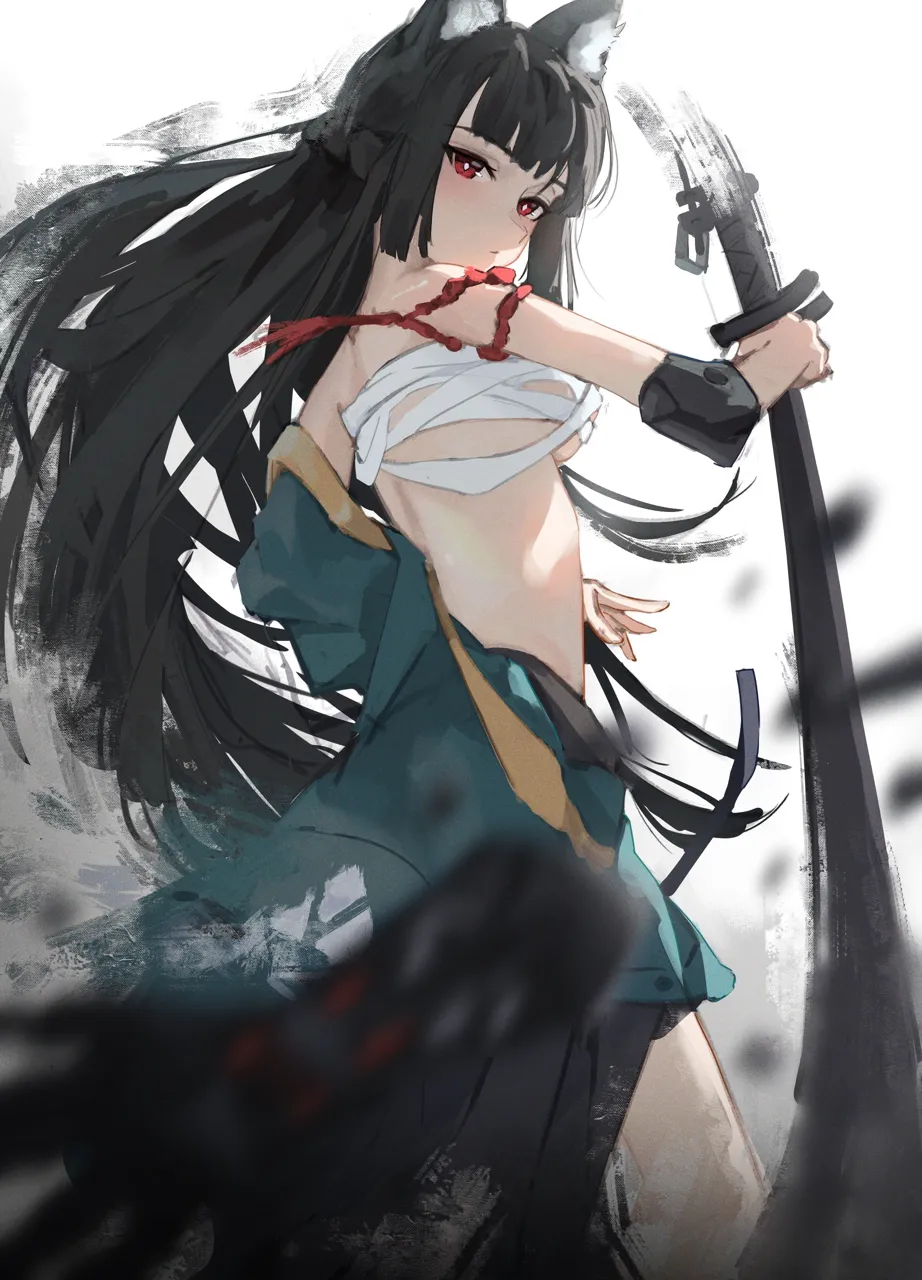 1girl animal_ears aqua_jacket bare_shoulders black_hair black_skirt blurry blurry_foreground breasts bright_pupils chest_sarashi closed_mouth fox_ears fox_girl from_side holding holding_sword holding_weapon jacket jacket_partially_removed katana long_hair looking_at_viewer loose_bandages medium_breasts red_eyes sarashi skirt solo sword very_long_hair weapon white_pupils eien_001 zenless_zone_zero hoshimi_miyabi__zenless_zone_zero