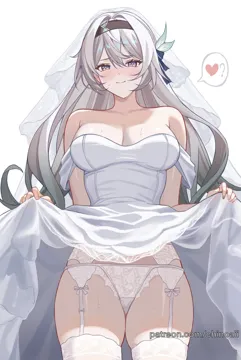 1girl alternate_costume bare_shoulders black_hairband breasts bridal_veil chinoa cleavage clothes_lift cowboy_shot dress dress_lift firefly__honkai__star_rail flashing garter_belt grey_hair hair_intakes hairband heart heart_in_eye honkai__series honkai__star_rail lace lace_garter_belt lace_panties lifting_own_clothes long_hair looking_at_viewer medium_breasts off_shoulder off_shoulder_dress panties purple_eyes short_sleeves simple_background smile solo spoken_heart spoken_question_mark standing symbol_in_eye thighhighs thighs underwear veil very_long_hair wedding_dress white_background white_dress white_panties white_thighhighs