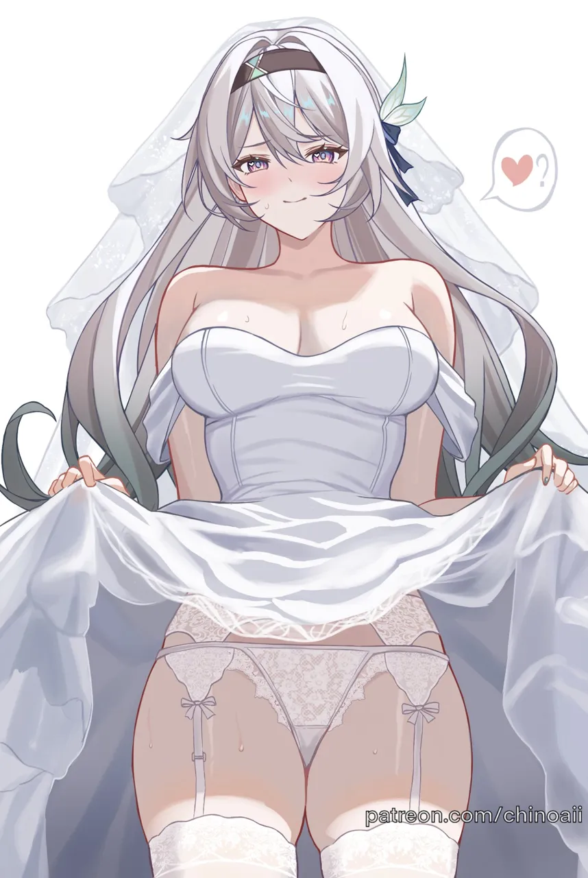 1girl alternate_costume bare_shoulders black_hairband breasts bridal_veil chinoa cleavage clothes_lift cowboy_shot dress dress_lift firefly__honkai__star_rail flashing garter_belt grey_hair hair_intakes hairband heart heart_in_eye honkai__series honkai__star_rail lace lace_garter_belt lace_panties lifting_own_clothes long_hair looking_at_viewer medium_breasts off_shoulder off_shoulder_dress panties purple_eyes short_sleeves simple_background smile solo spoken_heart spoken_question_mark standing symbol_in_eye thighhighs thighs underwear veil very_long_hair wedding_dress white_background white_dress white_panties white_thighhighs