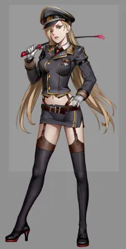 1girl ass_visible_through_thighs belt black_thighhighs blonde_hair breasts covered_nipples full_body garter_straps gloves grey_eyes groin hand_on_own_hip high_heels long_hair long_legs looking_at_viewer medium_breasts midriff military military_uniform miniskirt navel necktie parted_lips riding_crop skin_tight skirt solo standing teeth thighhighs very_long_hair white_gloves as109 m_a_d_mafia_is_all_dead