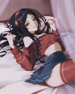 1girl blue_skirt breasts closed_mouth curtains grey_eyes hair_ornament hairband hairclip hands_up looking_at_viewer lying messy_hair on_bed red_hairband red_shirt red_thighhighs shirt skirt small_breasts thighhighs thighs tucking_hair kanzenkevi miside crazy_mita__miside mita__miside