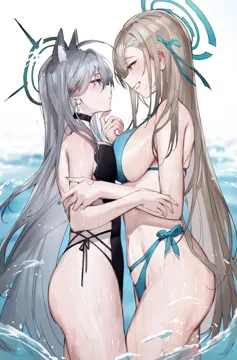 2girls alternate_costume animal_ear_fluff animal_ears asuna__blue_archive asymmetrical_docking bare_arms bare_shoulders bikini black_choker black_one_piece_swimsuit blue_archive blue_bikini blue_eyes blue_nails blue_ribbon blush breast_press breasts casual_one_piece_swimsuit choker closed_mouth earrings extra_ears from_side grey_hair grin hair_ornament hair_ribbon halo jewelry large_breasts long_hair looking_at_another multiple_girls nail_polish one_piece_swimsuit outdoors parted_lips qiandaiyiyu ribbon shiroko__blue_archive shiroko_terror__blue_archive side_tie_bikini_bottom sideboob smile swimsuit teeth thighs very_long_hair water wet wolf_ears yuri