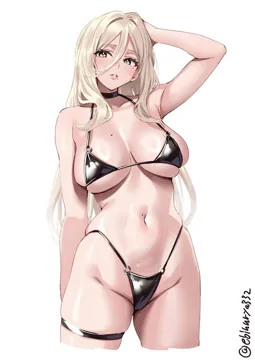 1girl alternate_costume bikini black_bikini blonde_hair blush breasts cleavage cropped_legs ebifurya hair_between_eyes kantai_collection large_breasts lips long_hair looking_at_viewer mole mole_under_eye mole_under_mouth navel o_ring o_ring_bikini one_hour_drawing_challenge richelieu__kancolle simple_background solo stomach swimsuit twitter_username underboob white_background yellow_eyes
