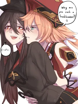 2girls antlers bare_shoulders black_headwear blush brown_hair detached_sleeves english_text flower_shaped_pupils green_eyes hair_between_eyes hat horns long_hair long_sleeves multiple_girls open_mouth pink_hair red_eyes red_headwear restrained smile speech_bubble symbol_shaped_pupils twintails very_long_hair white_background yuri cesar_zebrah genshin_impact hu_tao__genshin_impact yanfei__genshin_impact