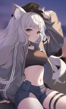 1girl animal_ear_fluff animal_ears arm_support black_hat breasts brown_jacket crop_top expressionless facial_mark grey_eyes hand_on_headwear hat jacket long_hair long_sleeves looking_at_viewer medium_breasts midriff navel open_clothes open_jacket shorts sitting solo stomach thigh_strap whisker_markings white_hair nasol resia__emonmong