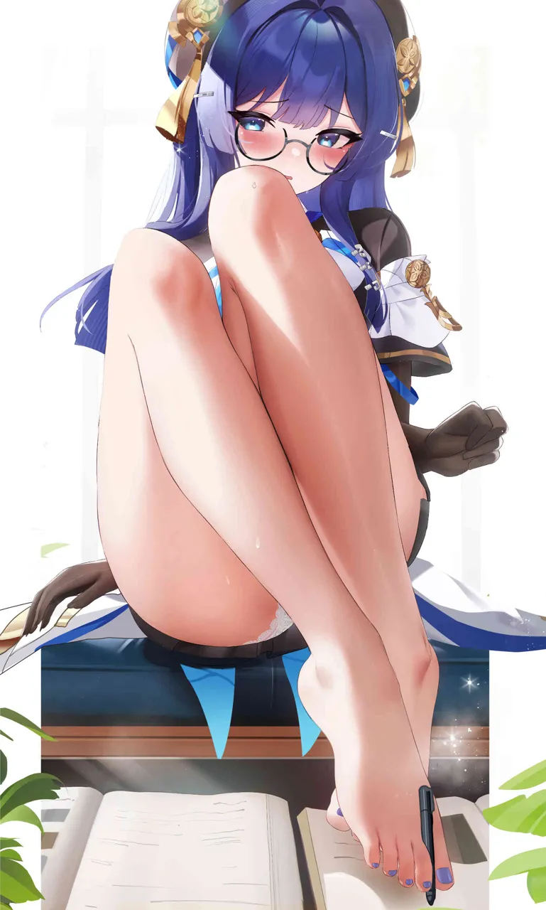 1girl barefoot between_toes black_gloves black_hat blue_hair blue_nails blush book fantongjun feet foot_focus glasses gloves hat honkai__series honkai__star_rail legs long_hair looking_at_viewer nail_polish panties parted_lips pela__honkai__star_rail pen sitting solo thighs toenail_polish toenails toes underwear