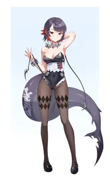 1girl arm_behind_head arm_up armpits bare_shoulders black_hair black_leotard blush breasts brown_pantyhose colored_inner_hair fins fish_tail full_body large_breasts leotard looking_at_viewer mole mole_on_arm mole_under_eye multicolored_hair pantyhose red_eyes red_hair red_nails scar scar_on_tail shark_girl shark_tail short_hair simple_background solo tail white_background nasol zenless_zone_zero ellen_joe__zenless_zone_zero