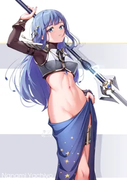 abs armor blue_eyes blue_hair bridal_gauntlets dress holding holding_polearm holding_weapon long_hair magical_girl navel polearm simple_background toned toned_female undressing weapon 2_ru magia_record__mahou_shoujo_madoka_magica_gaiden mahou_shoujo_madoka_magica nanami_yachiyo