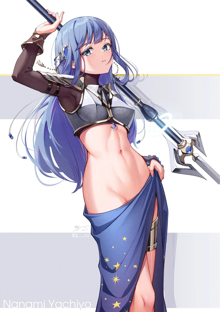 abs armor blue_eyes blue_hair bridal_gauntlets dress holding holding_polearm holding_weapon long_hair magical_girl navel polearm simple_background toned toned_female undressing weapon 2_ru magia_record__mahou_shoujo_madoka_magica_gaiden mahou_shoujo_madoka_magica nanami_yachiyo