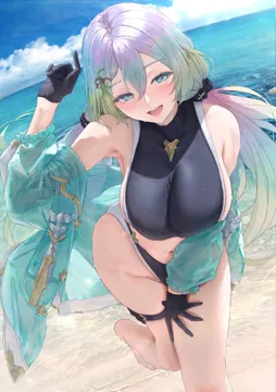 1girl akita_hika aqua_eyes armpits black_gloves blush breasts cupitan__granblue_fantasy cupitan__summer__granblue_fantasy gloves gradient_hair granblue_fantasy green_hair hair_ornament hand_up large_breasts long_hair long_sleeves looking_at_viewer multicolored_hair navel ocean open_mouth outdoors see_through_clothes see_through_sleeves sideboob smile thigh_strap water