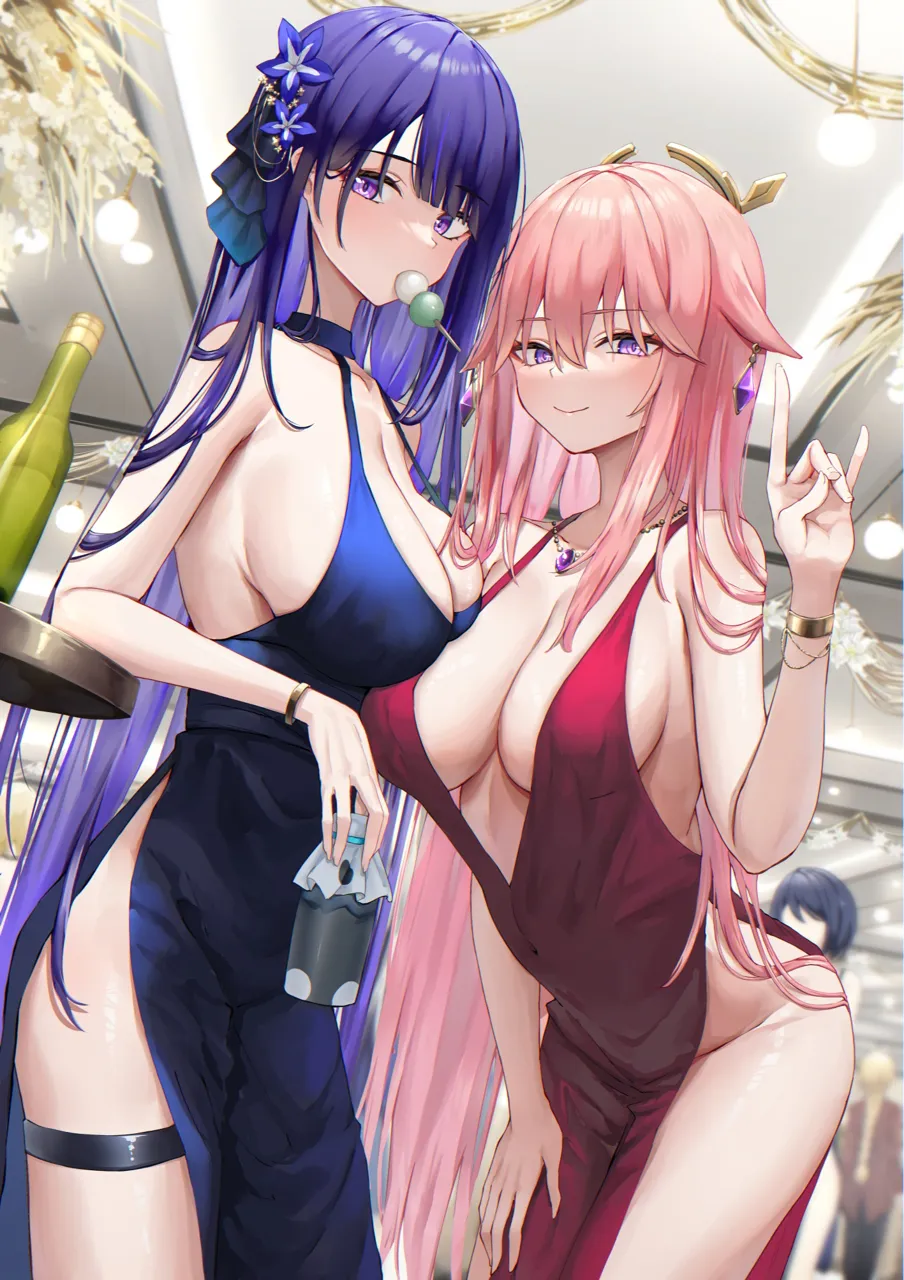 2girls alcohol alternate_costume animal_ears asymmetrical_docking bare_hips bare_shoulders blue_dress breast_press breasts cleavage collarbone cowboy_shot dress earrings floppy_ears food_in_mouth formal_clothes fox_ears genshin_impact hair_between_eyes hand_on_own_hip hip_vent indoors jewelry large_breasts leaning_forward long_hair looking_at_viewer mouth_hold multiple_girls necklace party pink_hair piripun plunging_neckline purple_eyes purple_hair raiden_shogun red_dress sideboob smile thigh_strap very_long_hair yae_miko
