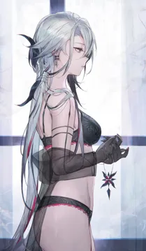 1girl arlecchino__genshin_impact bare_shoulders black_bra black_gloves black_panties blue_eyes bra breasts cowboy_shot earrings elbow_gloves from_side genshin_impact gloves hair_ornament jewelry lace_trim lace_trimmed_bra lace_trimmed_panties lingerie long_hair low_ponytail medium_breasts multicolored_hair panties parted_lips ponytail profile qiandaiyiyu see_through_clothes see_through_sleeves solo standing streaked_hair string_bra thighs underwear underwear_only very_long_hair white_hair